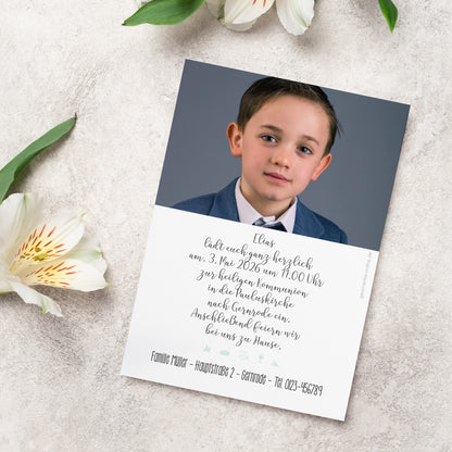 Einladungskarte zur Konfirmation & Kommunion mit Foto und Wunschdaten | Kommt her und esst!
