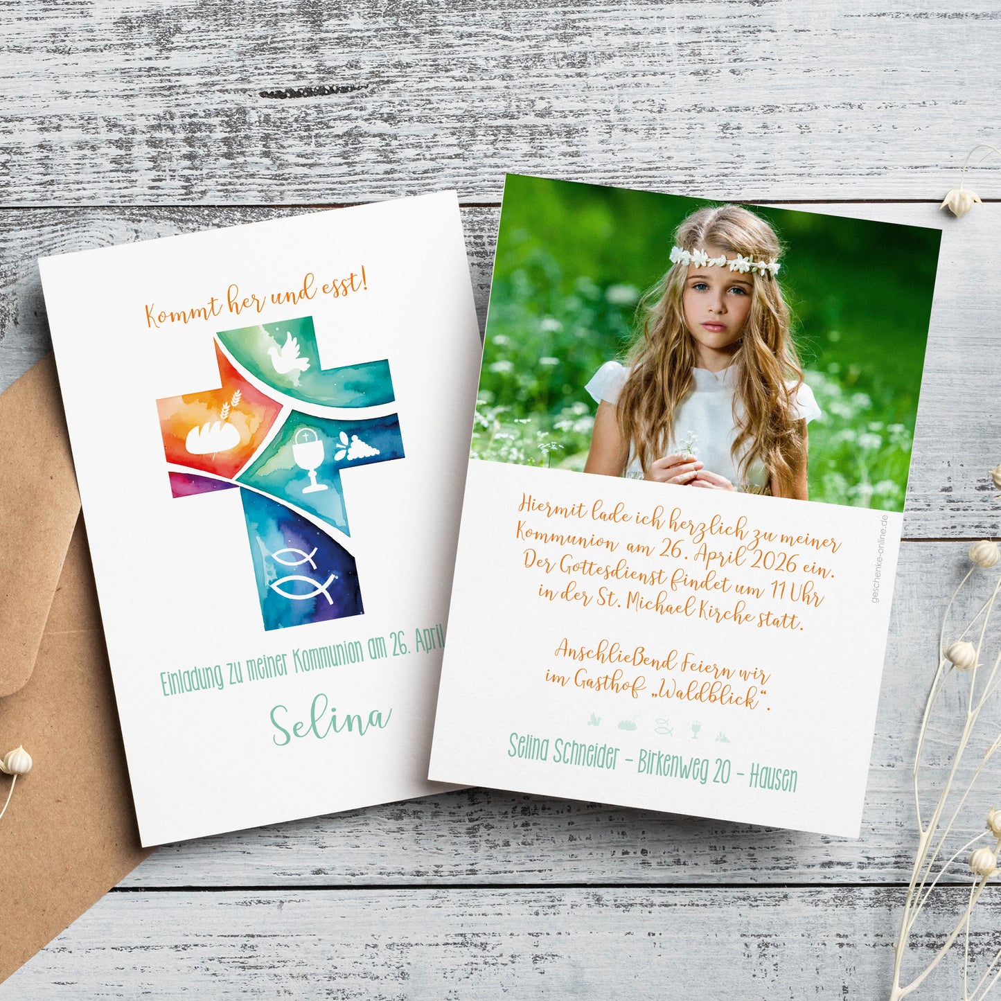 Einladungskarte zur Konfirmation & Kommunion mit Foto und Wunschdaten | Kommt her und esst!