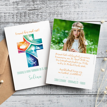 Einladungskarte zur Konfirmation & Kommunion mit Foto und Wunschdaten | Kommt her und esst!