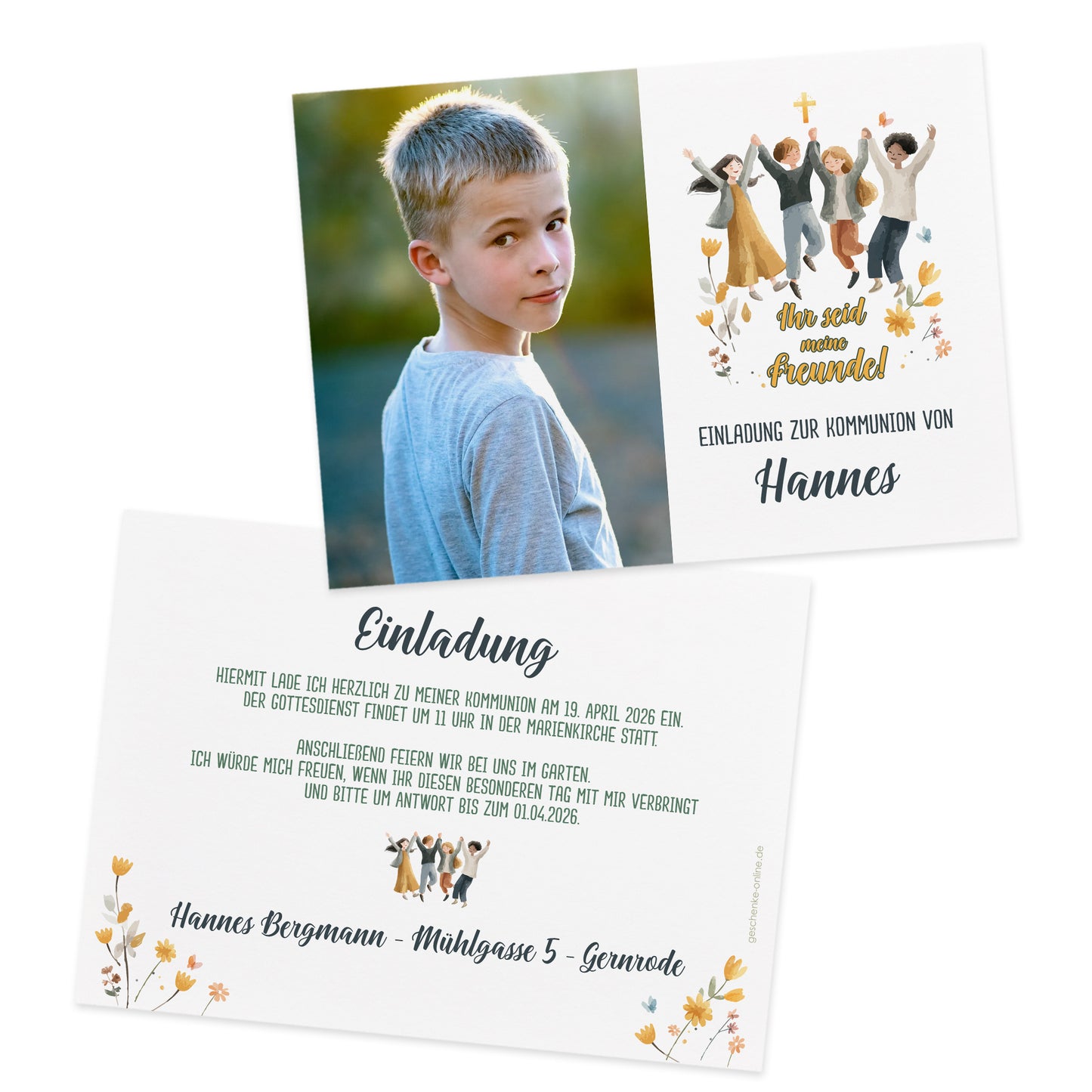 Kommunion Einladungskarte mit Foto links und Motto rechts – personalisierbar mit Name