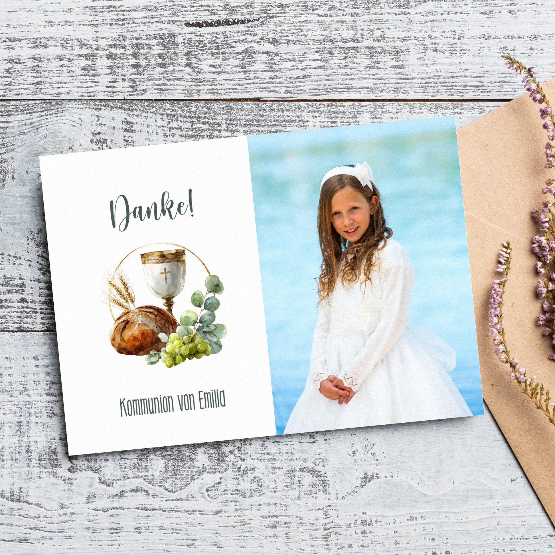 A6 Dankeskarte Taufe mit Foto und personalisiertem Text auf hochwertigem 300 g/m² Papier
