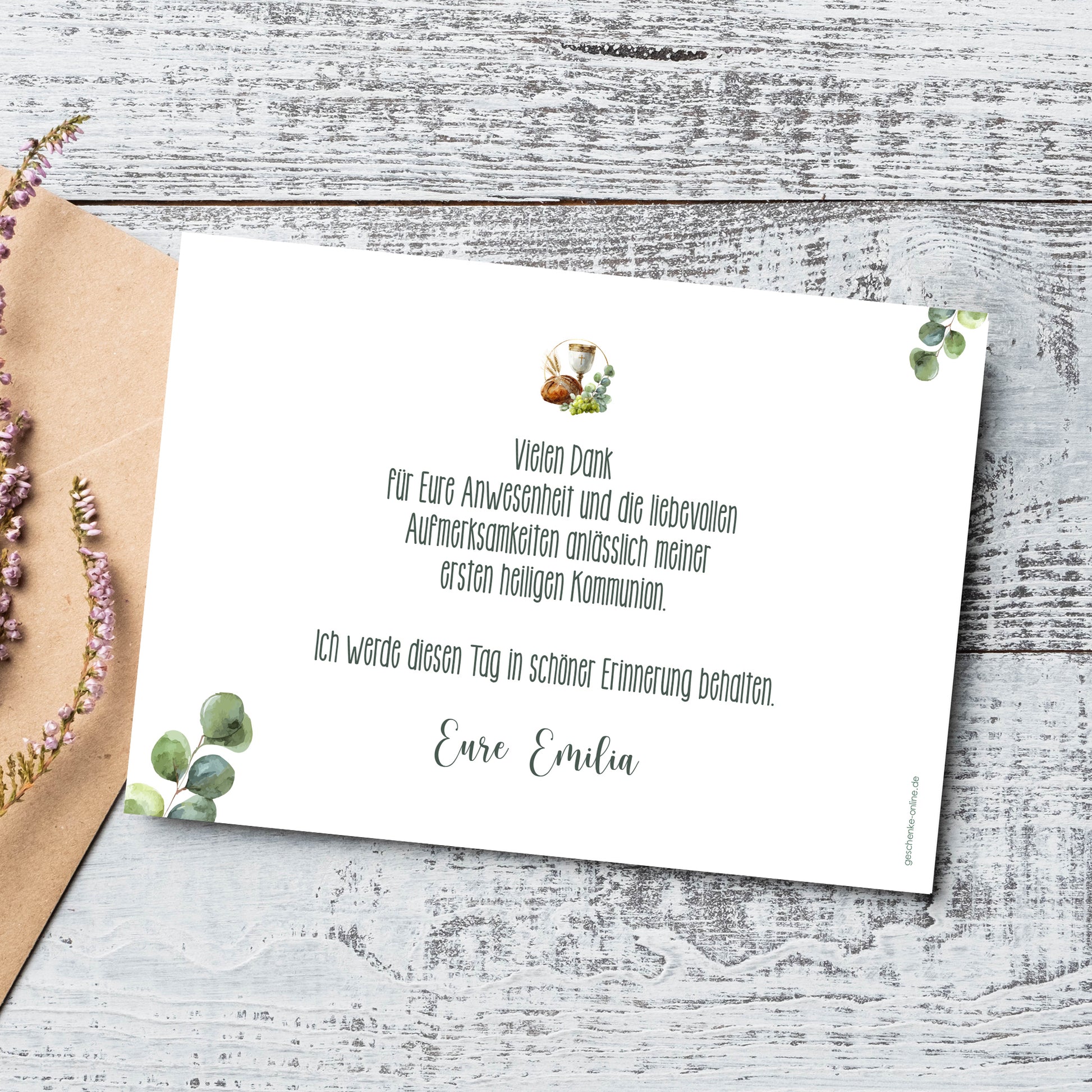 Rückseite einer Dankeskarte zur Kommunion mit individuellem Danksagungstext im A6-Format