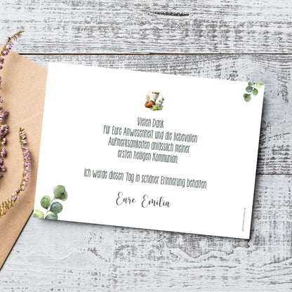 Rückseite einer Dankeskarte zur Kommunion mit individuellem Danksagungstext im A6-Format