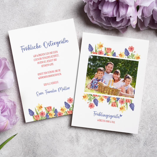 Vorder- und Rückseite der Osterkarte mit individuellem Foto und Wunschtext im Frühlingsdesign