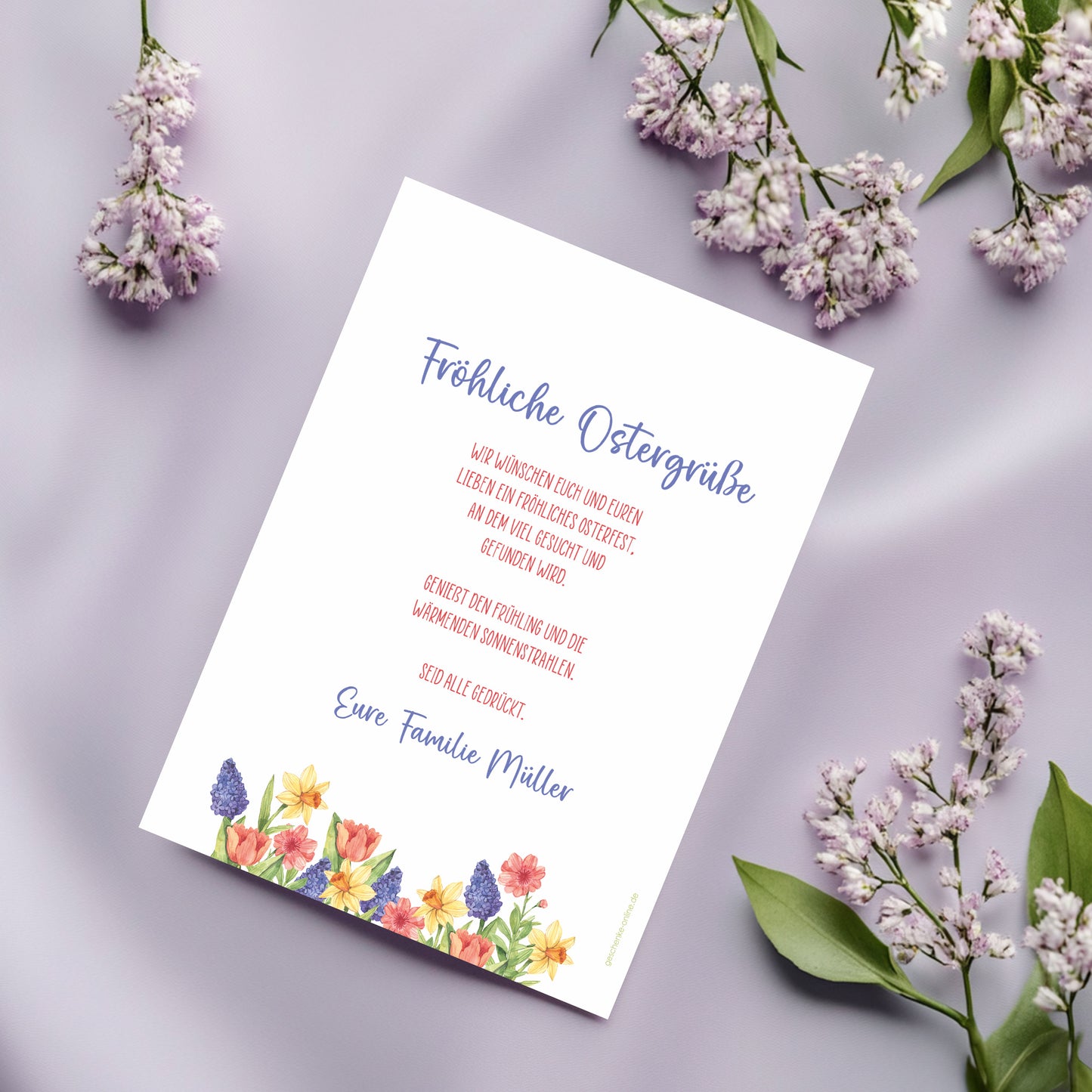 Rückseite der Osterkarte mit individuellem Ostergruß und Blumenmotiv im Frühlingstil