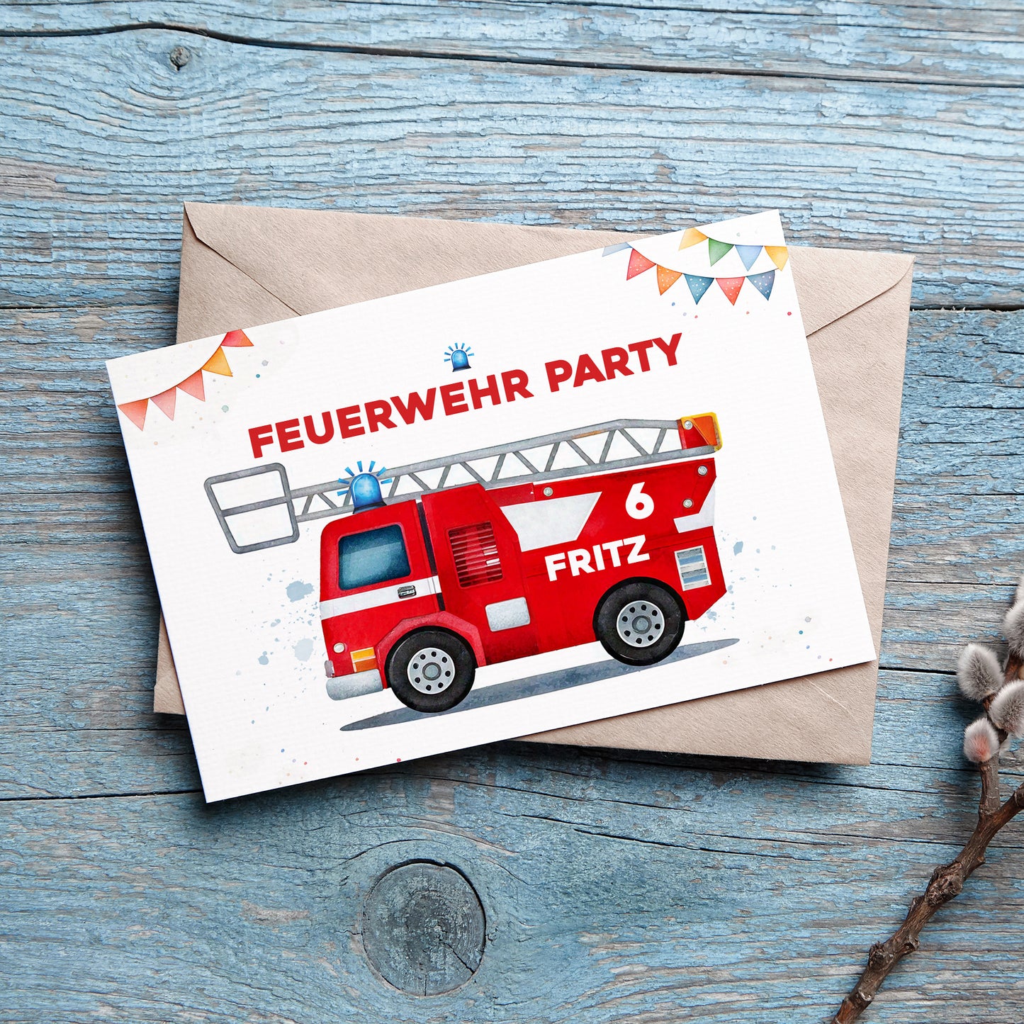 Einladungskarte zum Kindergeburtstag zur Feuerwehr-Party mit Wunschdaten