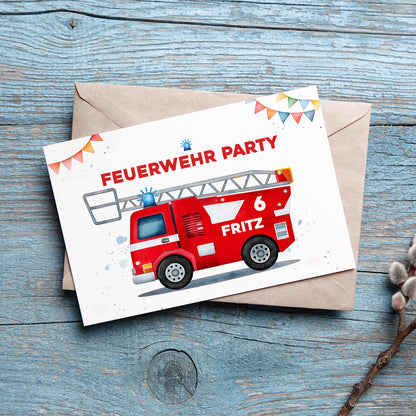 Einladungskarte zum Kindergeburtstag zur Feuerwehr-Party mit Wunschdaten