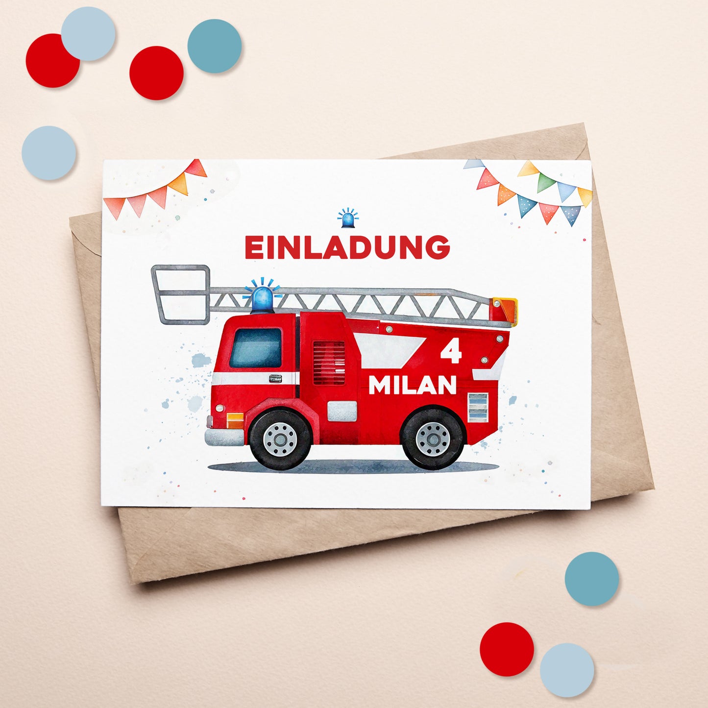 Einladungskarte zum Kindergeburtstag zur Feuerwehr-Party mit Wunschdaten