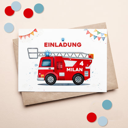 Einladungskarte zum Kindergeburtstag zur Feuerwehr-Party mit Wunschdaten