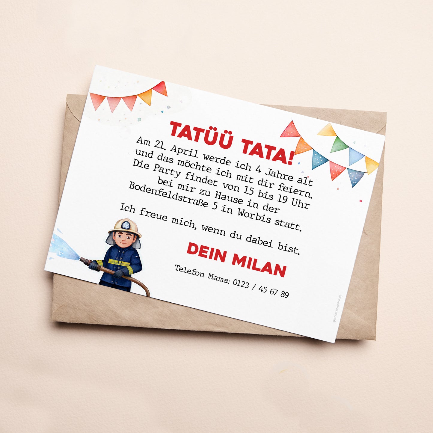 Einladungskarte zum Kindergeburtstag zur Feuerwehr-Party mit Wunschdaten