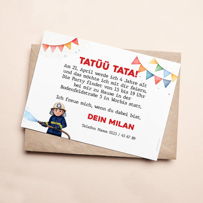 Einladungskarte zum Kindergeburtstag zur Feuerwehr-Party mit Wunschdaten