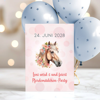 Personalisierte Einladungskarte zum Kindergeburtstag | Pferdemotiv mit Blumen