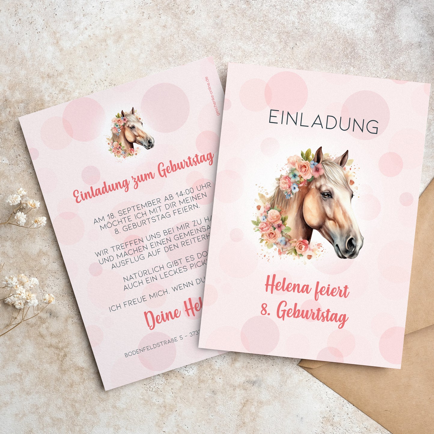 Personalisierte Einladungskarte zum Kindergeburtstag | Pferdemotiv mit Blumen