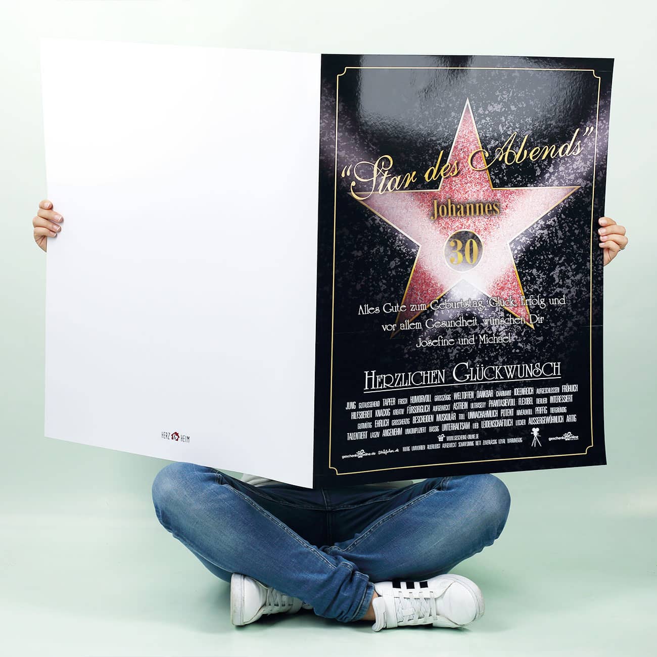 große Klappkarte zum Geburtstag mit Walk of Fame für den Star des Abends mit Name Alter und Wunschtext bedruckt