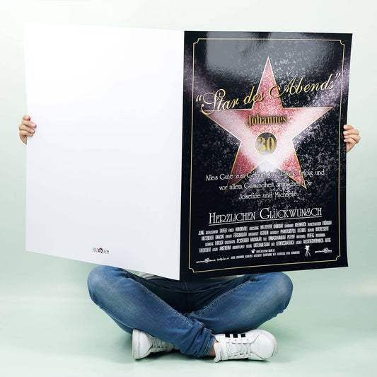 große Klappkarte zum Geburtstag mit Walk of Fame für den Star des Abends mit Name Alter und Wunschtext bedruckt