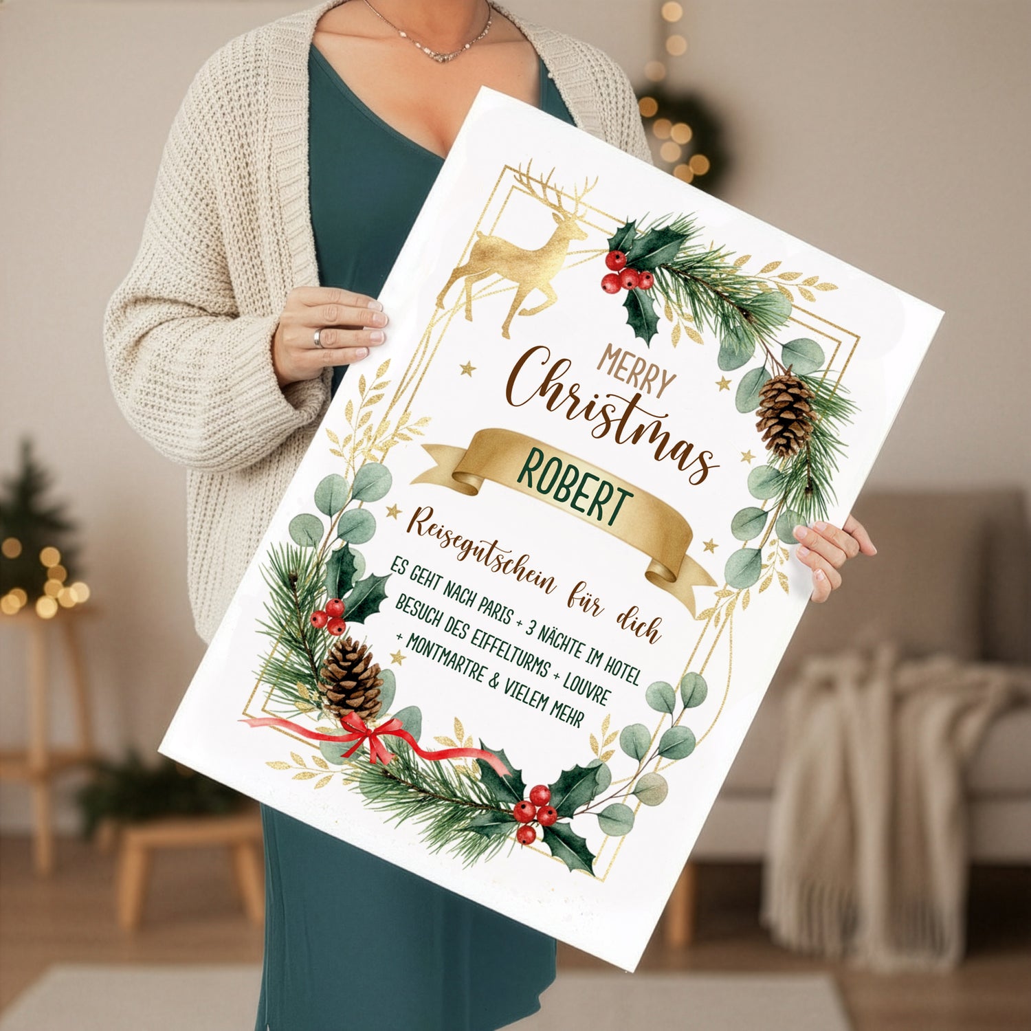 XXL Weihnachtsgutscheinkarte im weihnachtlichen Design mit Personalisierung, Format 50×70 cm