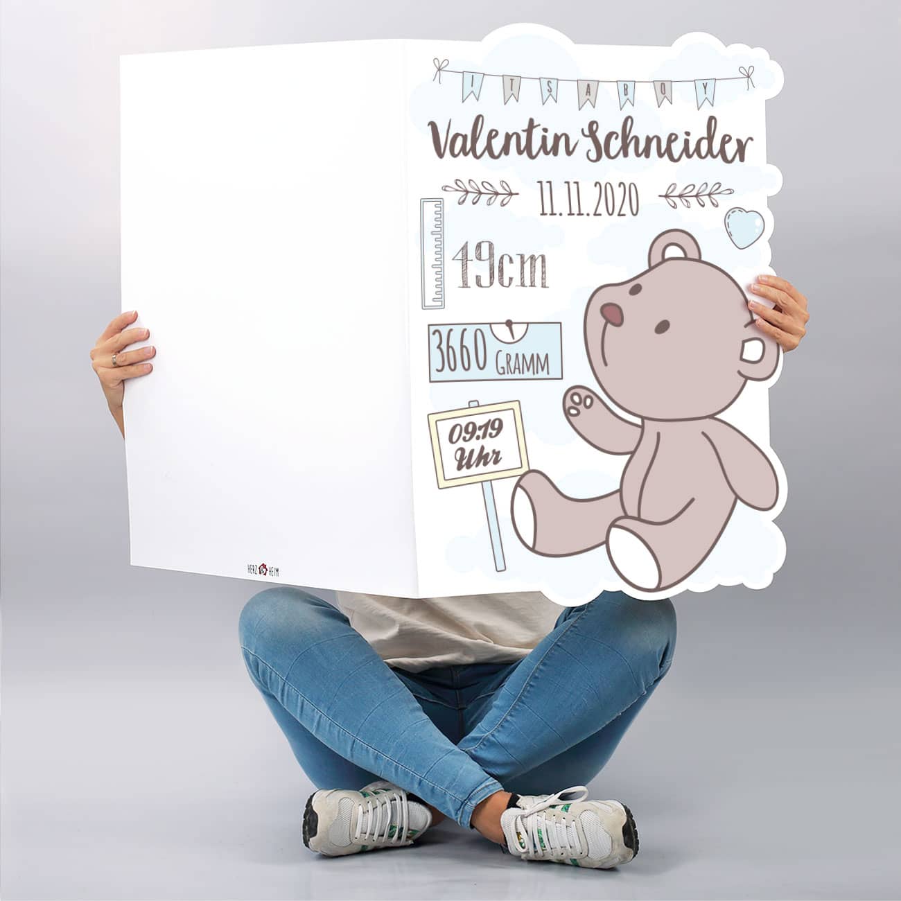 XXL Klappkarte zur Geburt eines Jungen mit Teddybär und Angaben wie Name, Gewicht, Uhrzeit, Größe usw.