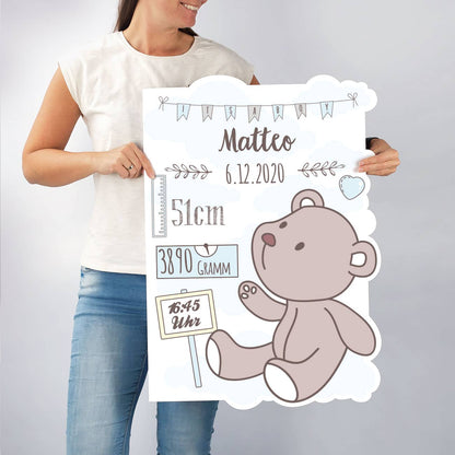 große Glückwunschkarte zur Geburt eines Jungen mit allen wichtigen Angaben wie Gewicht, Größe, Uhrzeitusw.