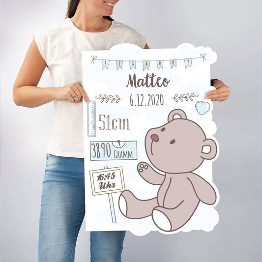 große Glückwunschkarte zur Geburt eines Jungen mit allen wichtigen Angaben wie Gewicht, Größe, Uhrzeitusw.