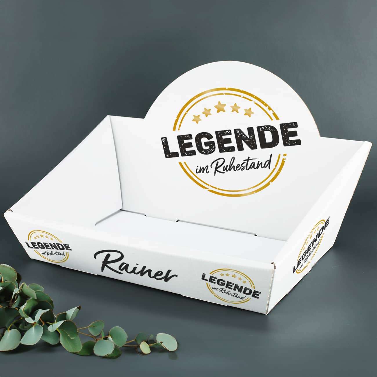 Bedruckter Geschenkkorb zur Rente
