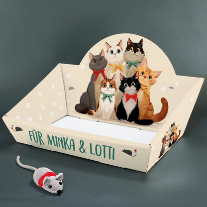 Geschenkkorb für Katzen mit mehreren Katzenillustrationen und personalisiertem Schriftzug