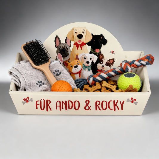 Befüllter Geschenkkorb für Hunde mit Spielzeug und Leckerlis