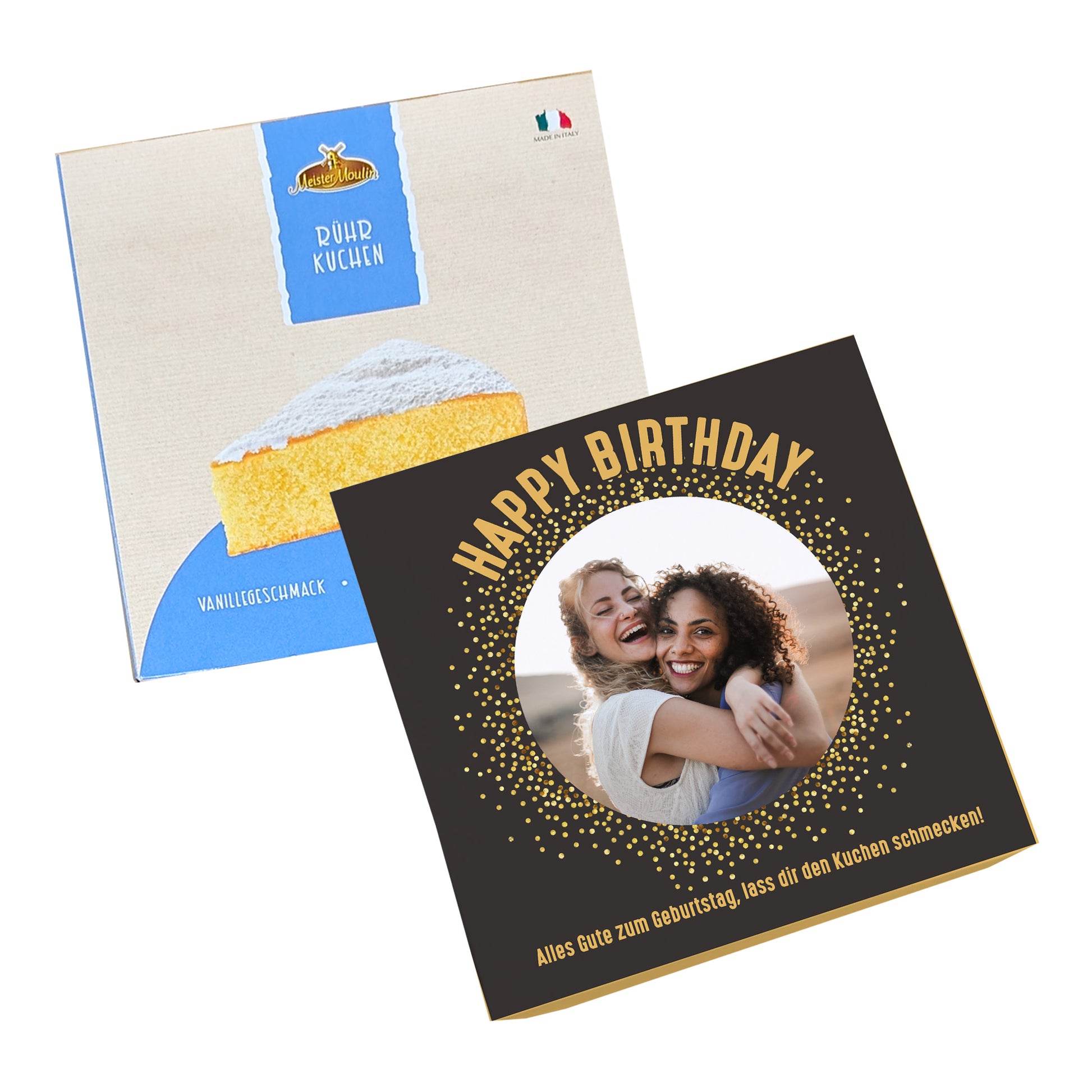 Kombination aus Vanillekuchenverpackung und personalisierter Geburtstagsbox mit Foto