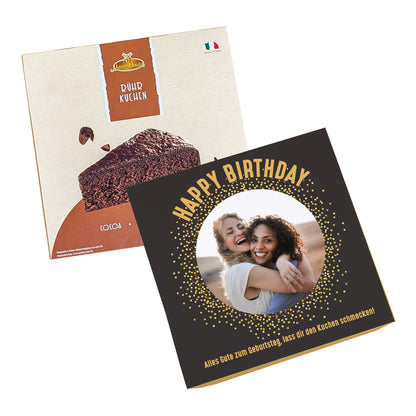 Kombination aus Schokokuchenverpackung und personalisierter Geburtstagsbox mit Foto