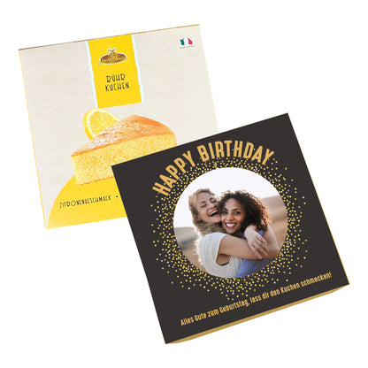 Kombination aus Zitronenkuchenverpackung und personalisierter Geburtstagsbox mit Foto