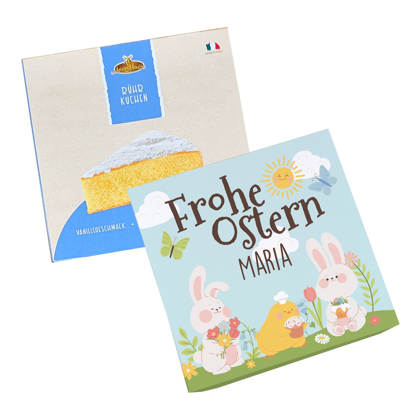 Personalisierter Osterkuchen Geschenkbox mit Vanille Rührkuchen Variante