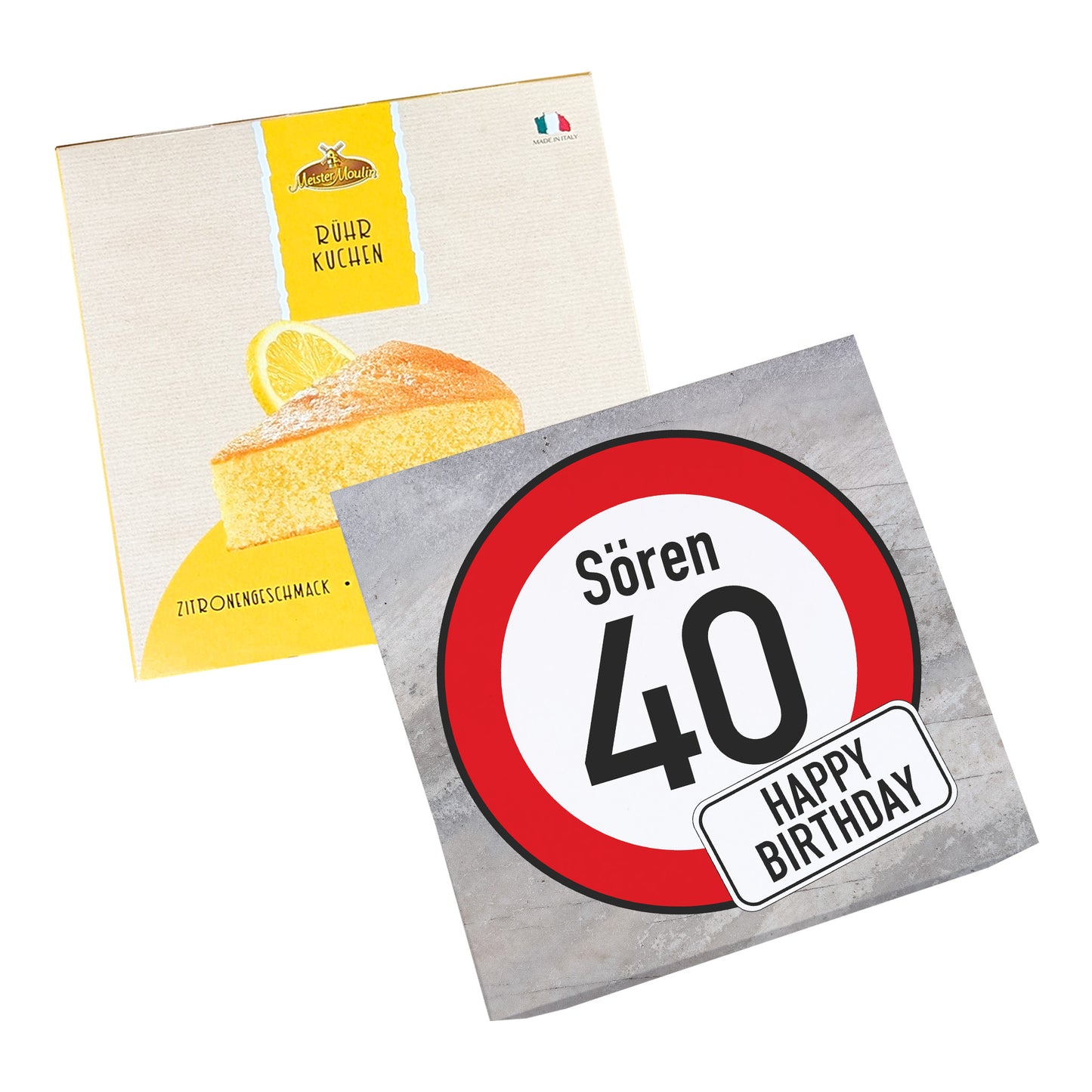 Kombibild: Verkehrszeichen-Kuchenbox mit Sören 40 und Zitronenkuchenverpackung daneben, freigestellt