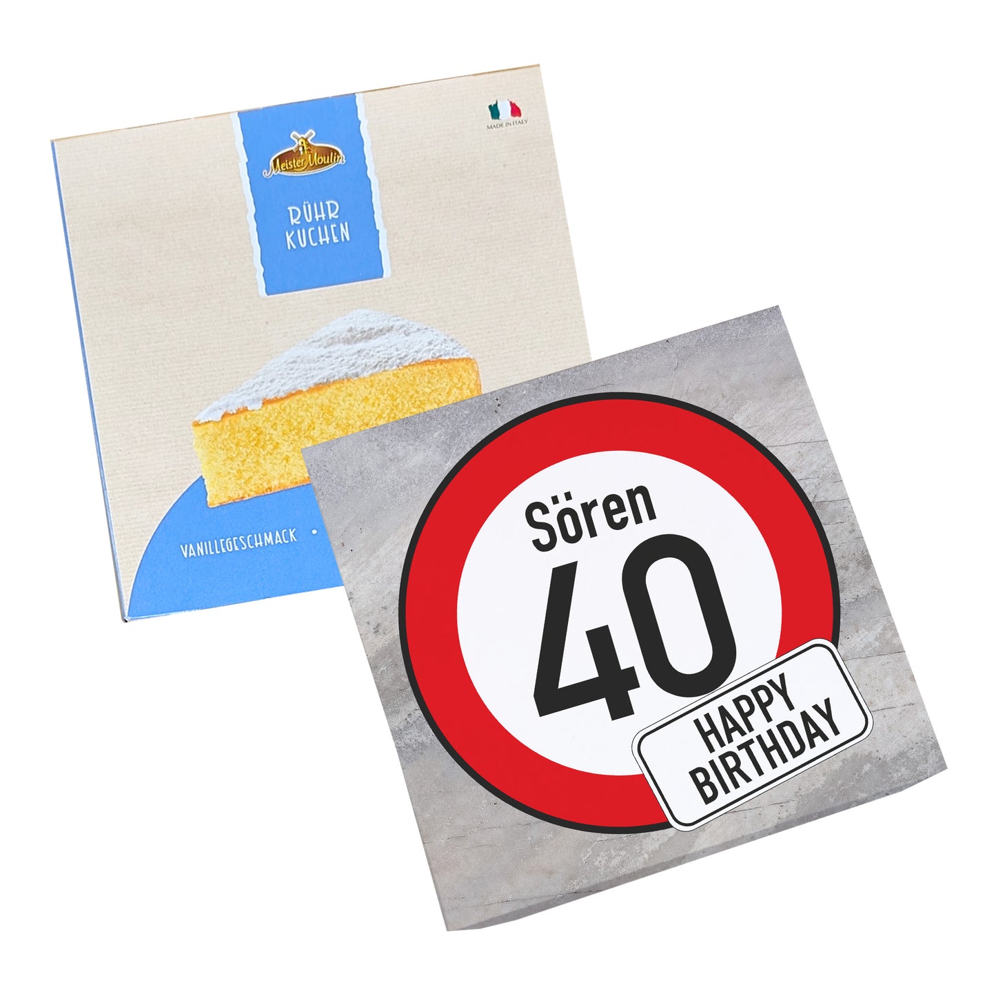Kombibild: Verkehrszeichen-Kuchenbox mit Sören 40 und Vanillekuchenverpackung daneben, freigestellt