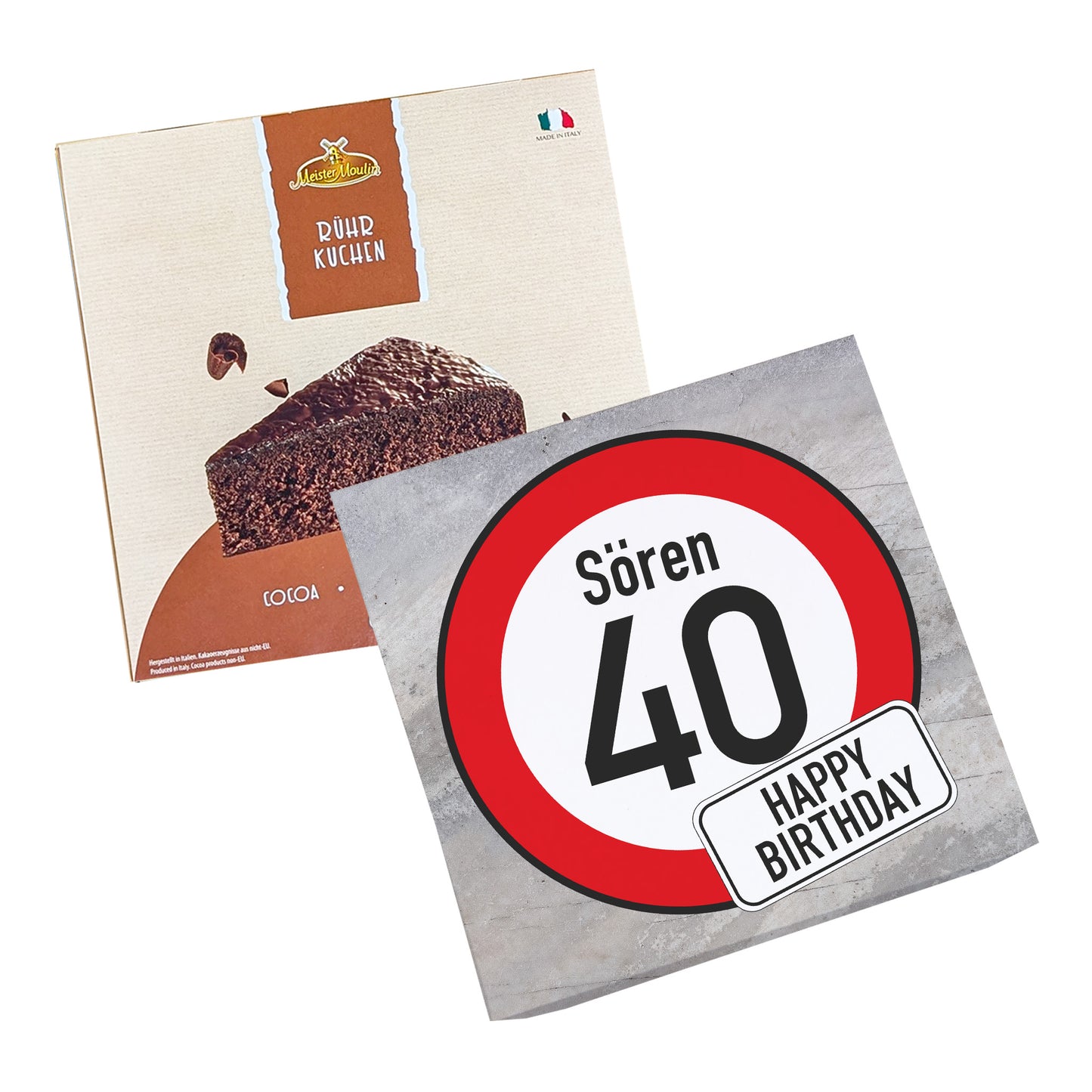 Kombibild: Verkehrszeichen-Kuchenbox mit Sören 40 und Schokokuchenverpackung daneben, freigestellt