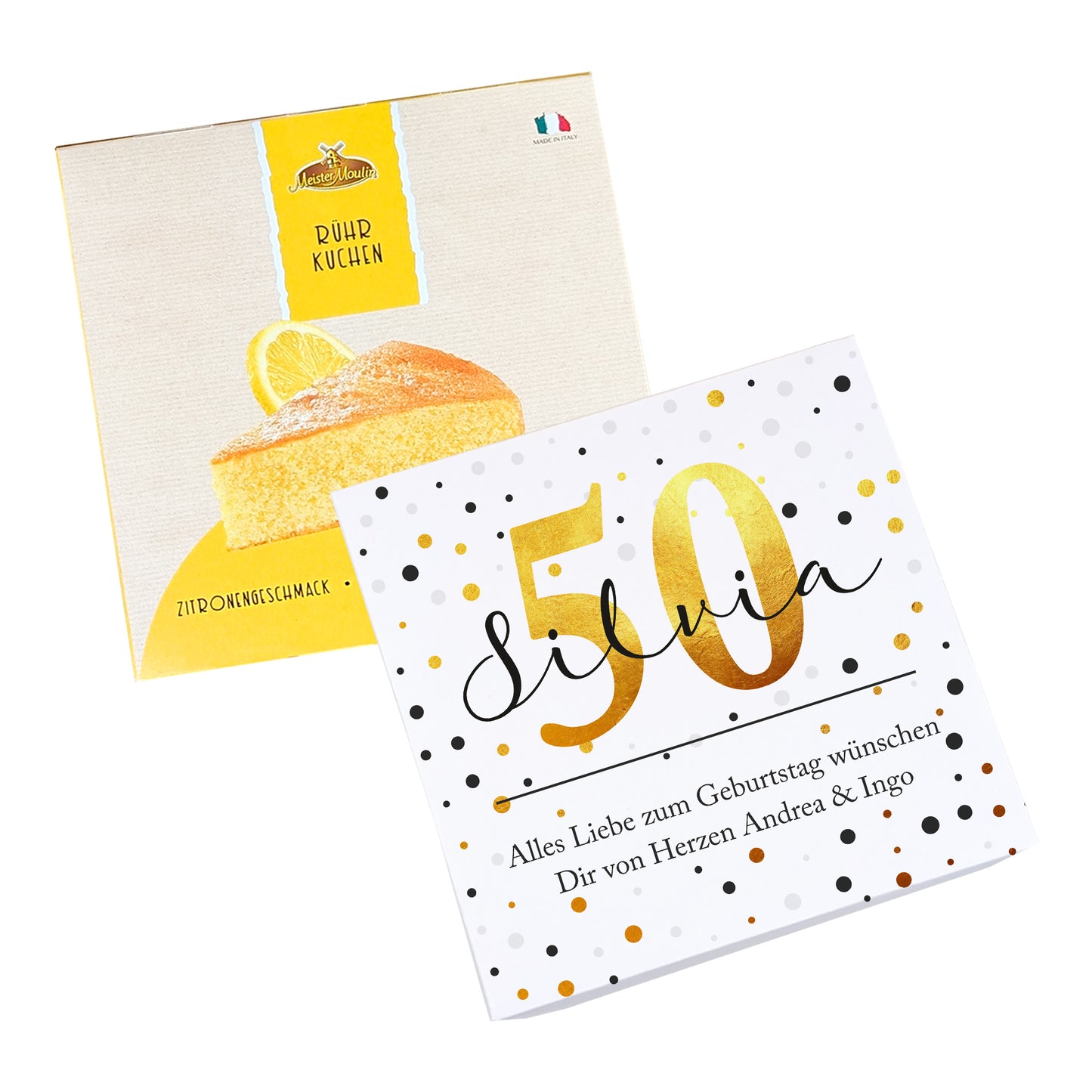 Geschenkbox mit 50 und Name Silvia neben Zitronenkuchen-Packung freigestellt