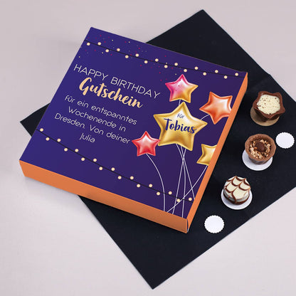 Happy Birthday Pralinen mit einem Gutschein