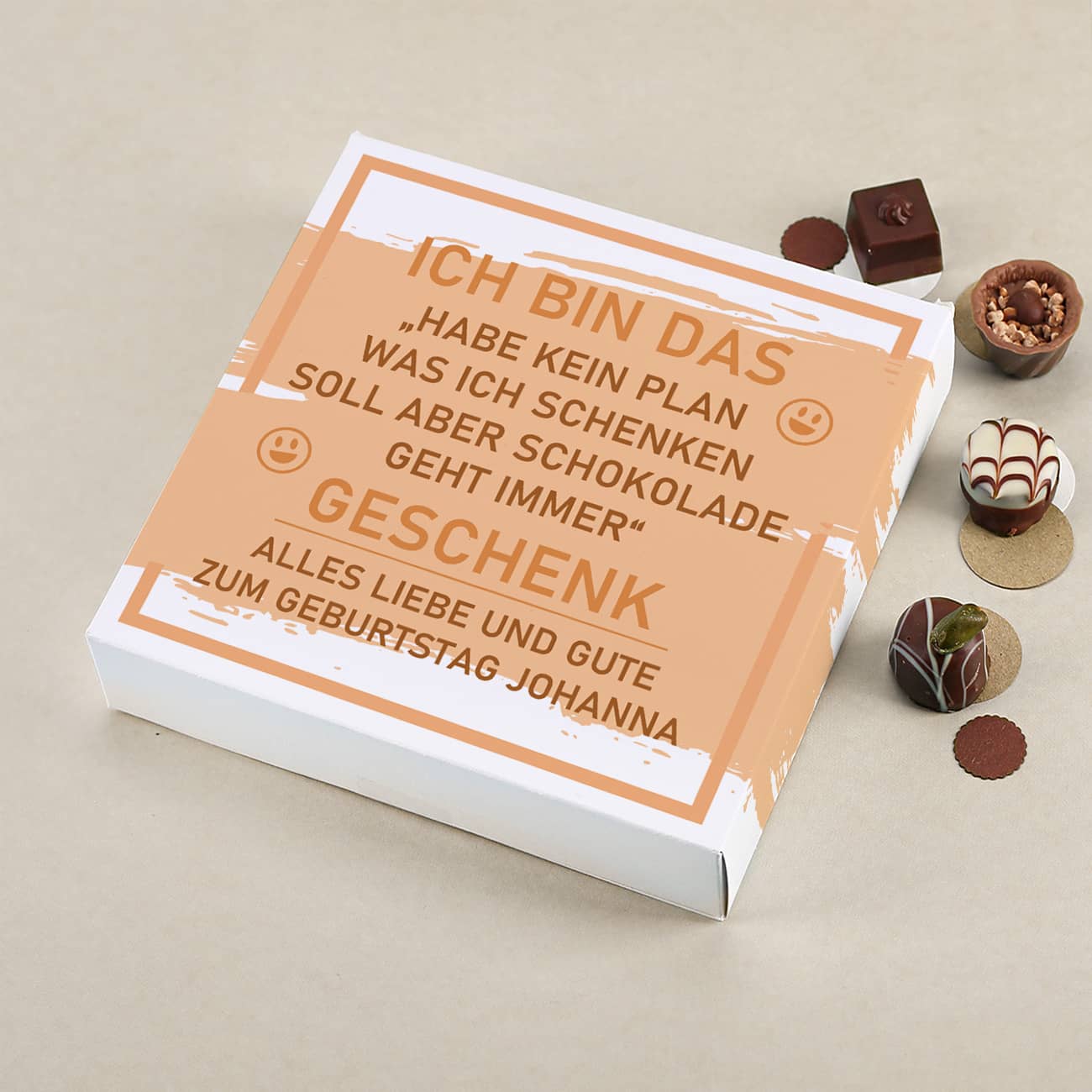 100 g Lindt Pralinen als "Kein Plan was ich schenken soll"-Geschenk mit Text personalisiert