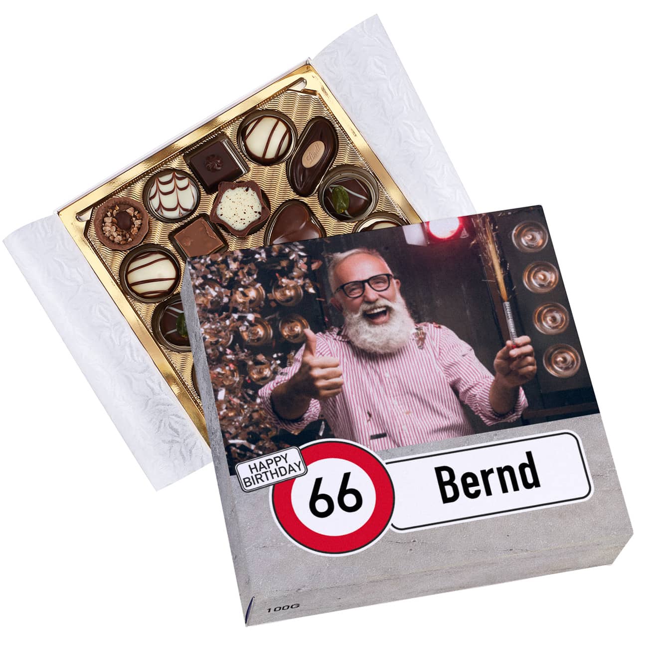 Geburtstags-Pralinen von Lindt mit Verkehrszeichen, Foto, Alter & Name