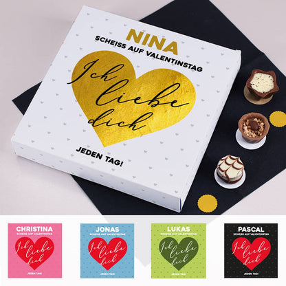 Lindt-Pralinen - Scheiß auf Valentinstag ich liebe dich jeden Tag - mit Name & Farbauswahl