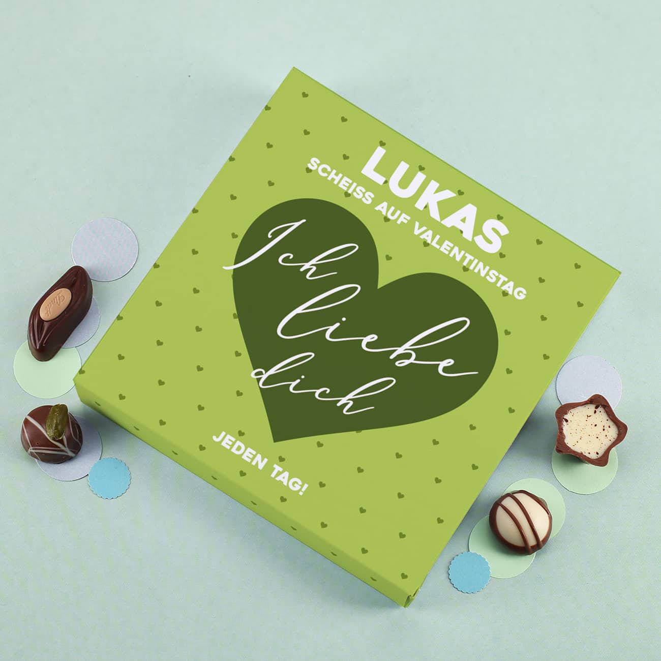 Lindt-Pralinen - Scheiß auf Valentinstag ich liebe dich jeden Tag - mit Name in Grün