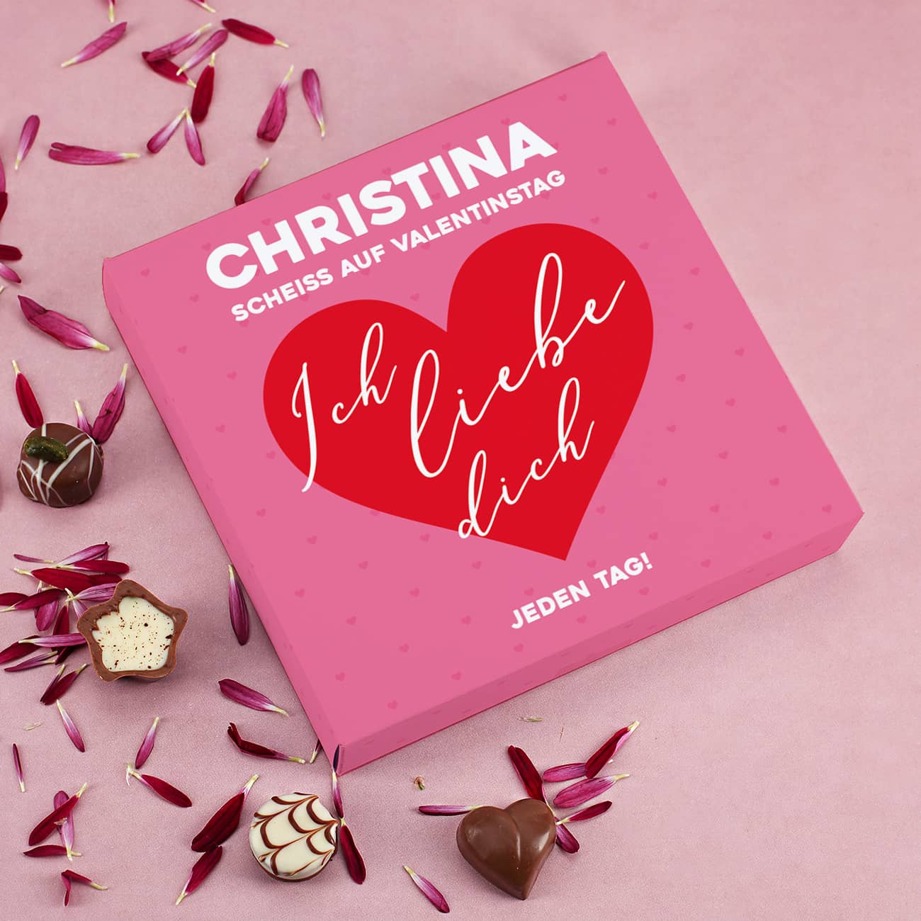 Lindt-Pralinen - Scheiß auf Valentinstag ich liebe dich jeden Tag - mit Name in Pink