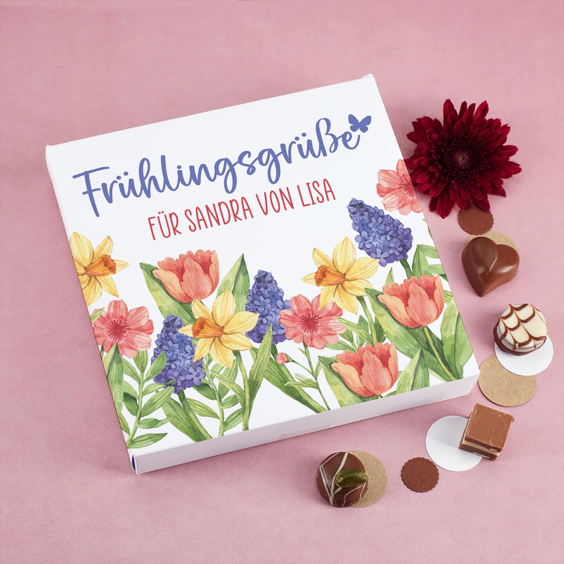 Lindt Pralinenbox Frühlingsgrüße personalisiert mit Wunschtext von Familie Schneider