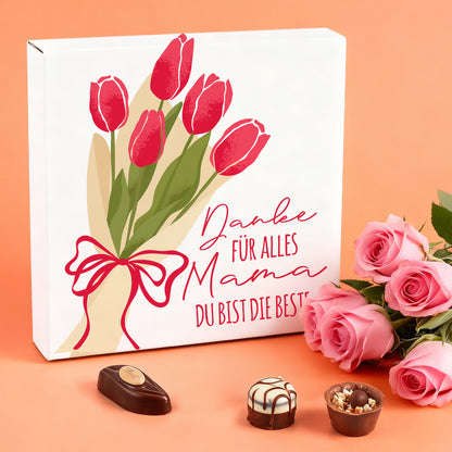 Lindt Pralinen Muttertag Geschenk mit Tulpen und Danke Mama Design in hochwertiger Verpackung