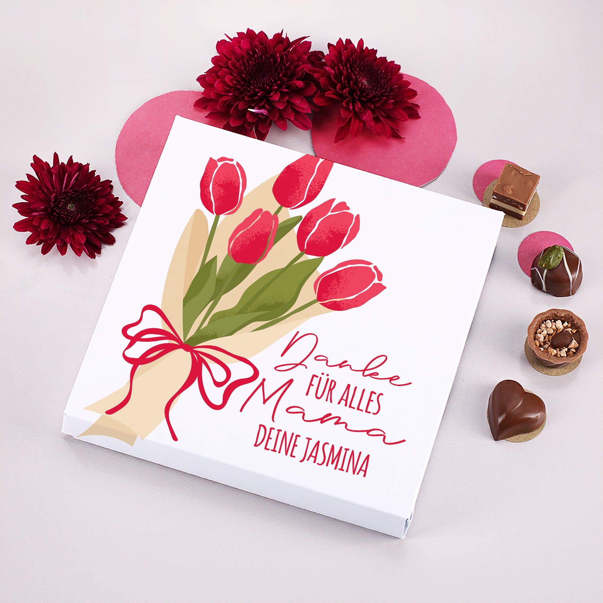 Personalisierte Schokoladenbox für Mama mit Tulpenstrauß Motiv und Wunschtext