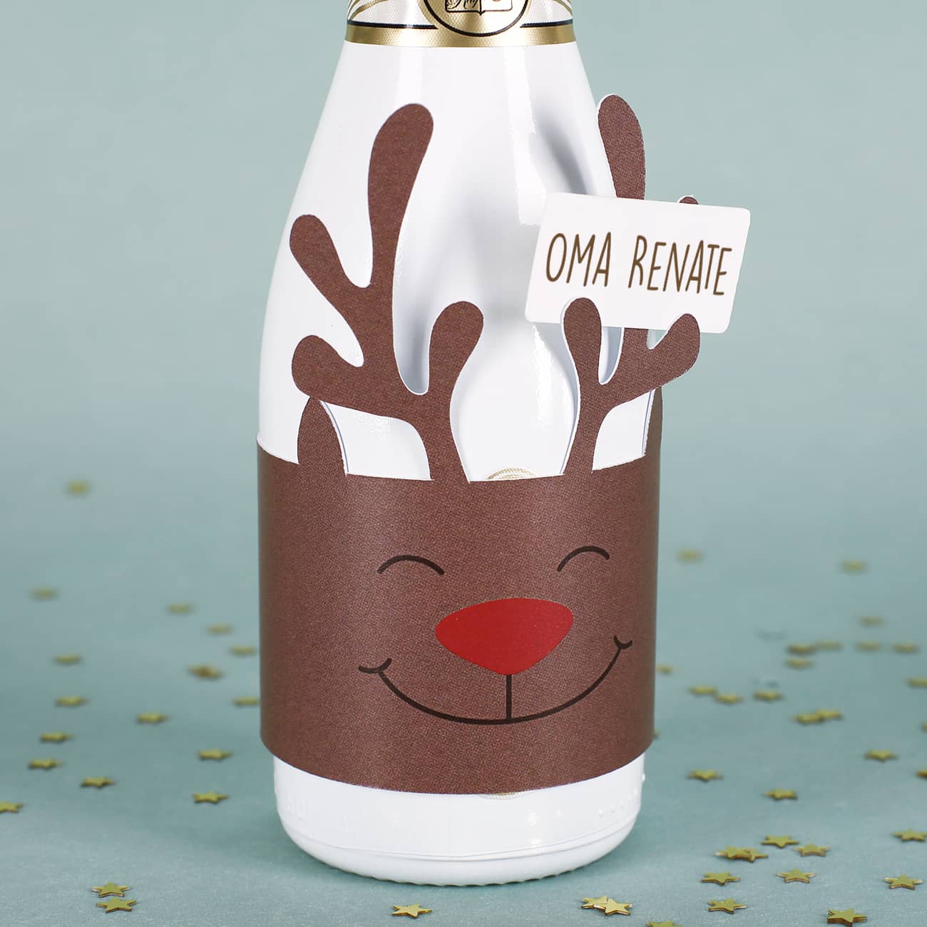 Sektgeschenk zu Weihnachten mit Rentier Banderole