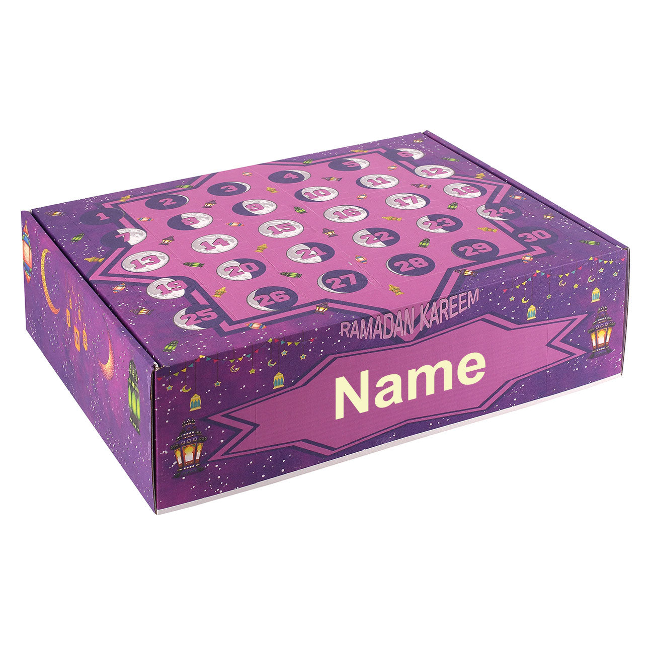 Personalisierter DIY Ramadankalender zum selbst Befüllen bedruckt mit Laternen und Mondphasen