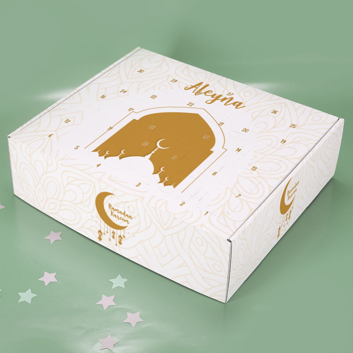 Ramadan Kalender für Mädchen und Jungen mit Name zum selbst Befüllen | Mondsichel