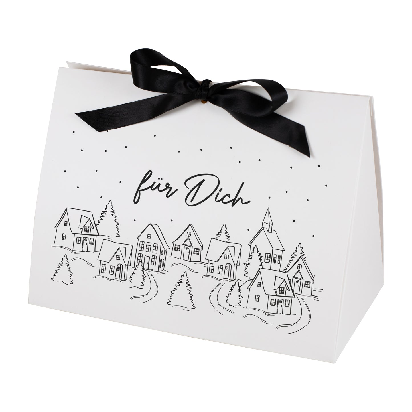 Freigestellte große Geschenktasche mit Winterdorf-Motiv und Text „für Dich“, clean vor weißem Studiohintergrund.