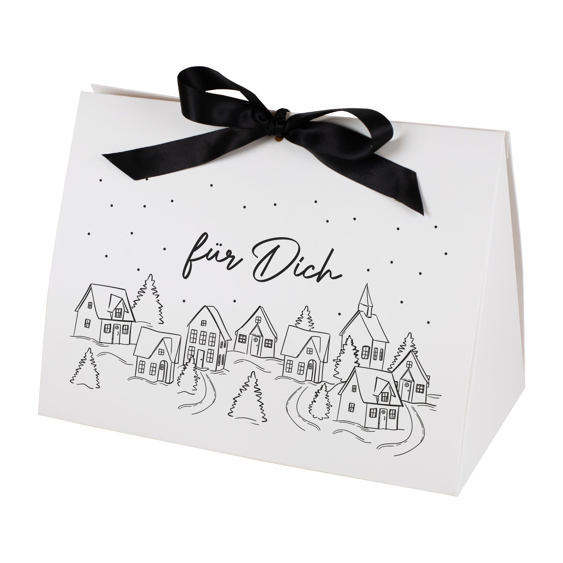 Freigestellte große Geschenktasche mit Winterdorf-Motiv und Text „für Dich“, clean vor weißem Studiohintergrund.