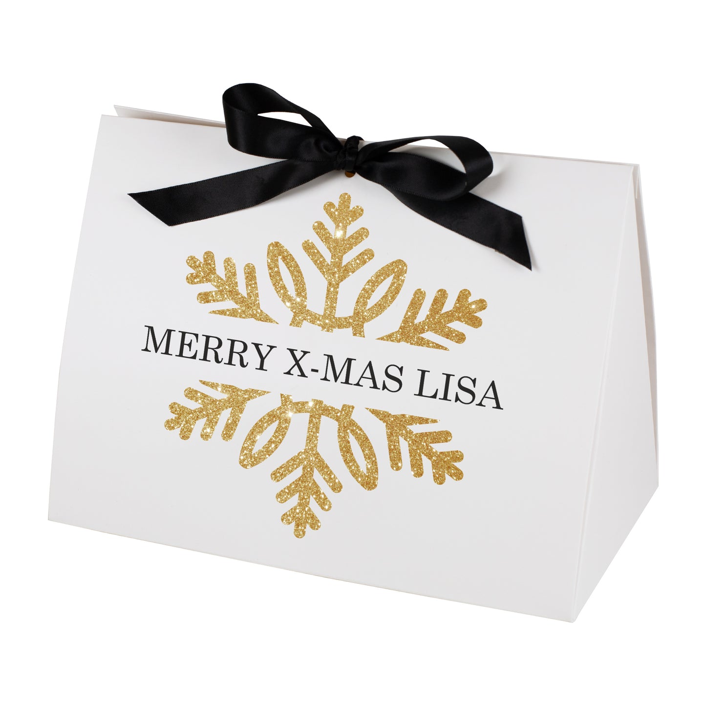 Freigestellte große Geschenktasche mit goldener Schneeflocke und personalisiertem Text „Merry X-Mas Lisa“, fotografiert vor weißem Studiohintergrund.