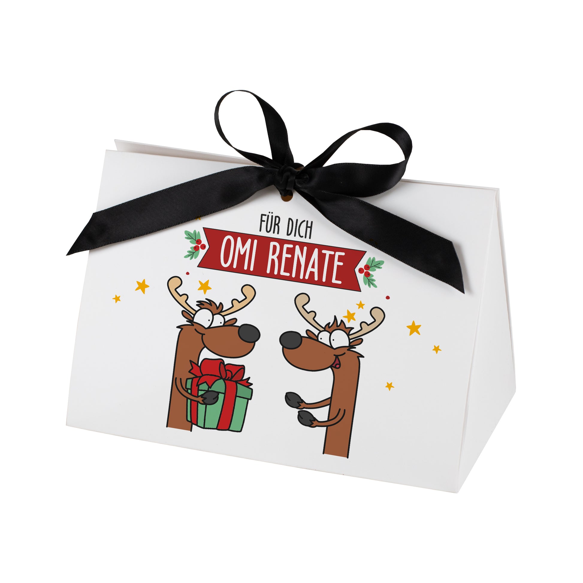 Freisteller der mittleren Rentiertasche mit Namensbanner „Omi Renate“ vor weißem Hintergrund.